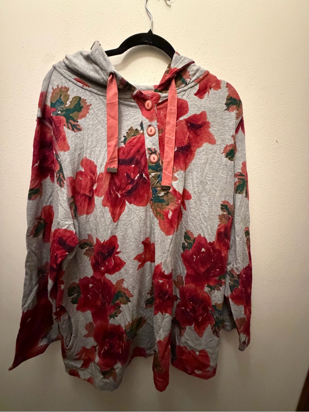 Susan Graver Gray Hoodie Tunic with Red Floral Print and Pink Drawstrings
